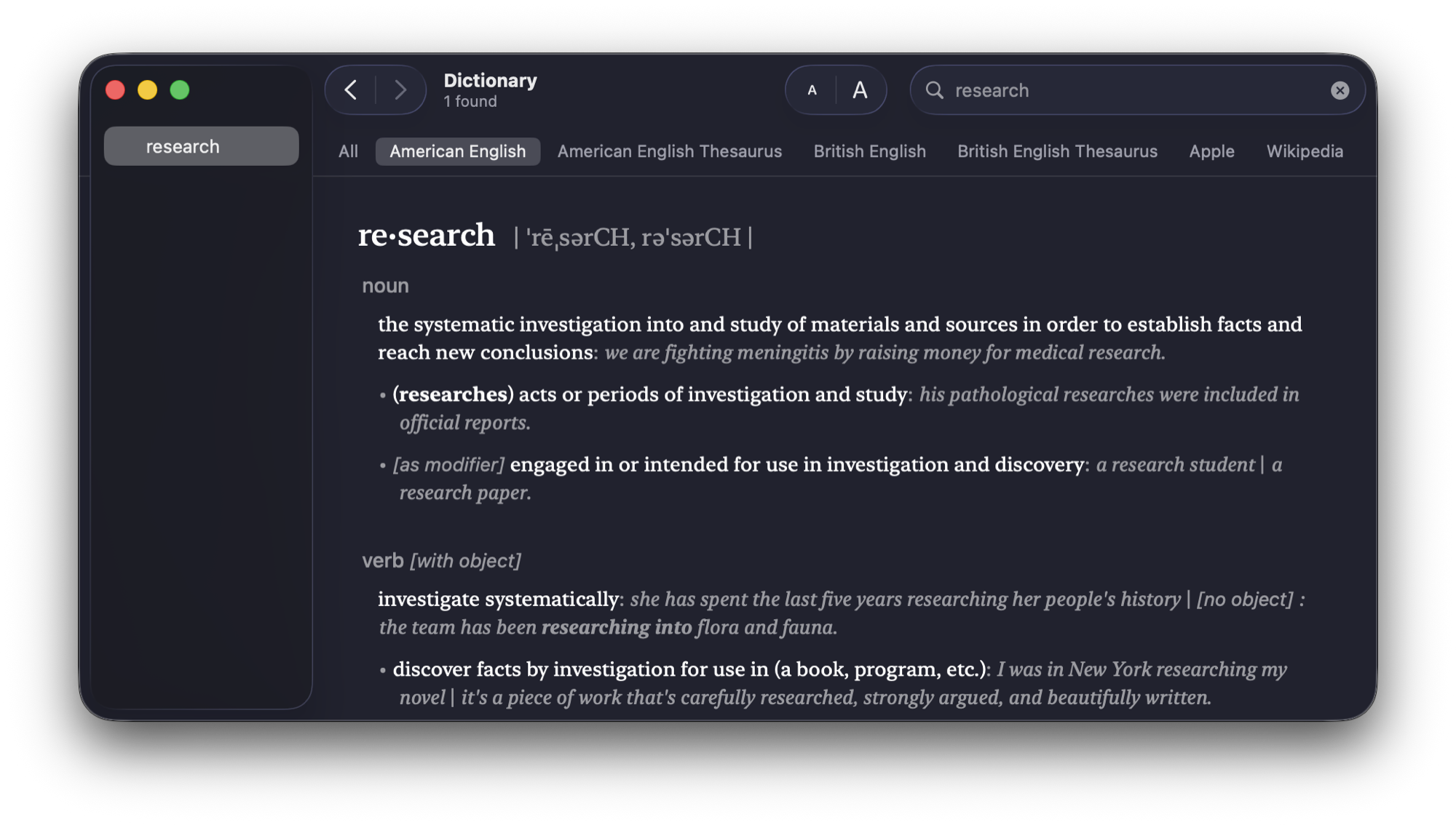 Apple Dictionary with a term &ldquo;research&rdquo;